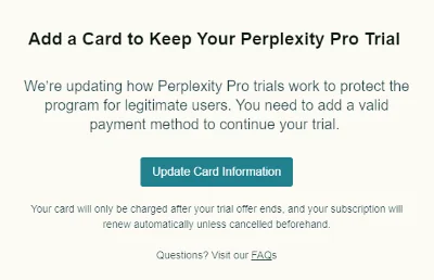 Привязка карты для Perplexity Pro Trial