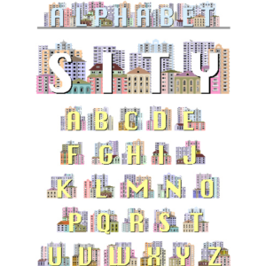 Латинский алфавит, декорированный рисунками домов