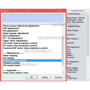Adjustment program XP520, XP625, XP720, XP760, XP860