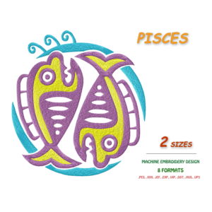 Знак зодиака Рыбы. Дизайн машинной вышивки 2 размера