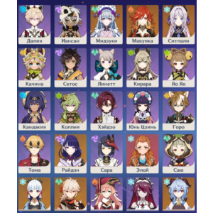 Мавуика,Ситлали,Райден(С2),Аяка,ГаньЮй,ЧжунЛи,Джин,Мона