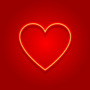 Неоновое сердце на красном градиентном размытом фоне