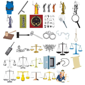 Набор векторных картинок, символов правосудия и юстиции