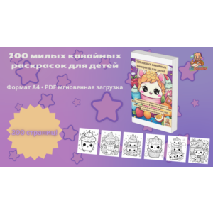 200 милых кавайных раскрасок для детей  (A4, PDF)