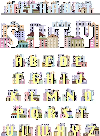 The Latin alphabet, decorated with drawings of houses