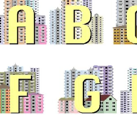 The Latin alphabet, decorated with drawings of houses
