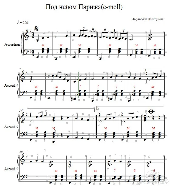 Under the sky of Paris (e-moll) sheet music for accordi