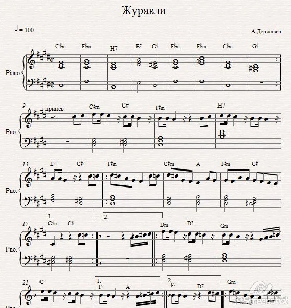 Журавли (А.Державин) ноты для фортепиано