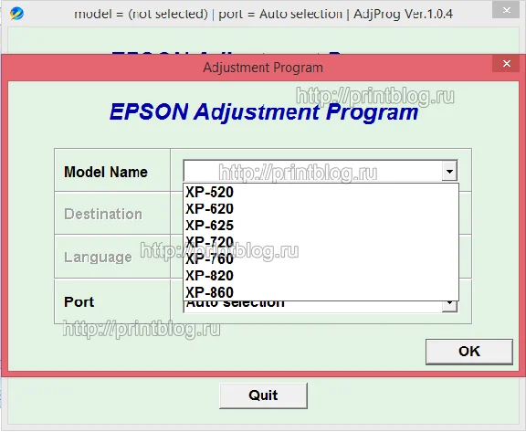 Adjustment program XP520, XP625, XP720, XP760, XP860