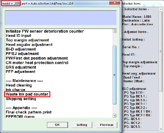 Adjustment program Epson L805