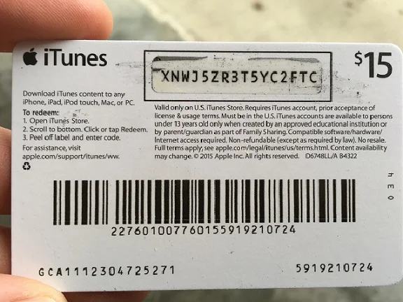 iTunes Gift Card $15 USA = Photo of the back side!SALE