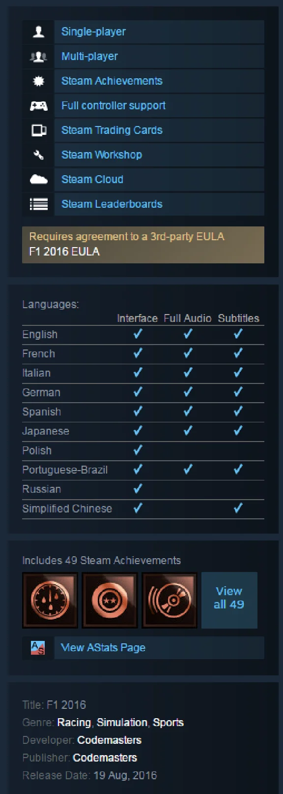 F1 2016 (Steam KEY / ROW / Region free / Global)