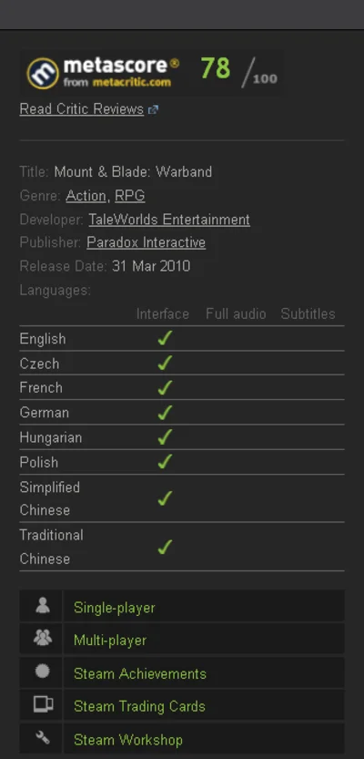 Mount & Blade: Warband (Steam KEY / ROW / Region Free)