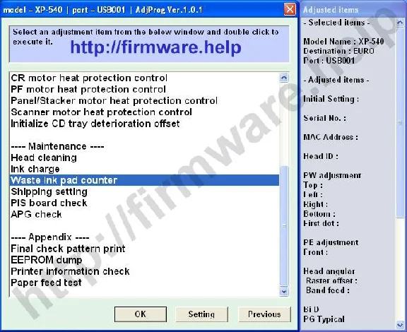 Epson XP-540, XP-640, XP-645 Adjustment Program