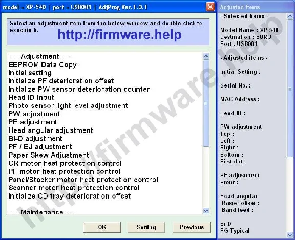 Epson XP-540, XP-640, XP-645 Adjustment Program