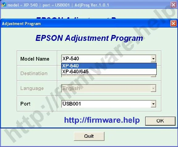 Epson XP-540, XP-640, XP-645 Adjustment Program