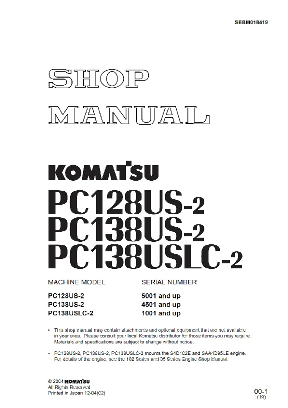 Komatsu PC128US-2, PC138US-2, USLC-2 Shop Manual