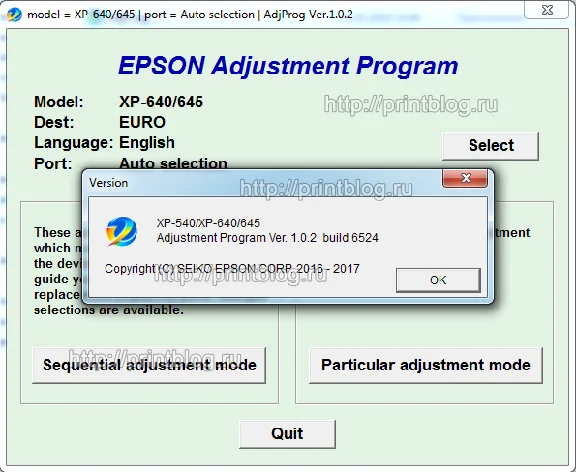 Adjustment program Epson XP-540, XP-640, XP-645 (Reset)