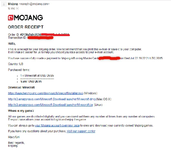 ✔️Minecraft (Mojang) + TRANSACTION ID. With mail