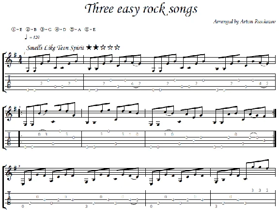 3 easy rock songs - guitar notes+tabs