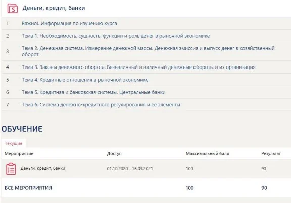 Money, credit, banks Synergy (database of tests with an
