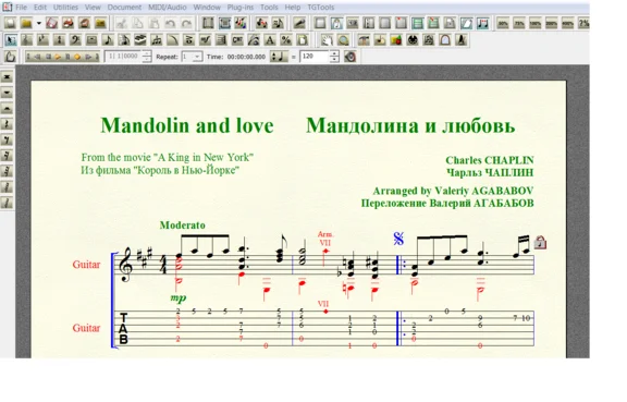MANDOLIN AND LOVE by Chaplin for 6-string guitar