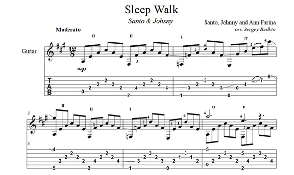 Sleep Walk (Santo & Johnny) для гитары