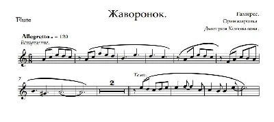 Жаворонок .Ноты дуэта гитара + флейта.