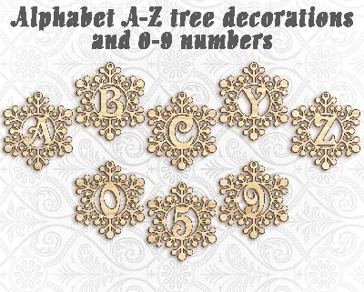 Алфавит снежинки буквы a-z, цифры 0-9 для лазерн. резки