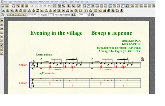 EVENING IN THE VILLAGE by Bartok for 6-string guitar