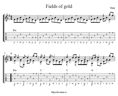 Sting - Fields Of Gold. Tabs for one guitar