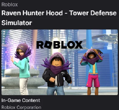 🔑Roblox: Raven Hunter Hood - Tower Defense Simulator
