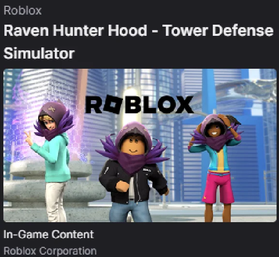 🔑Roblox: Raven Hunter Hood - Tower Defense Simulator