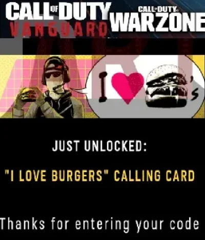 🔑 Call of Duty I LOVE BURGERS Calling Card KEY IN-GAME