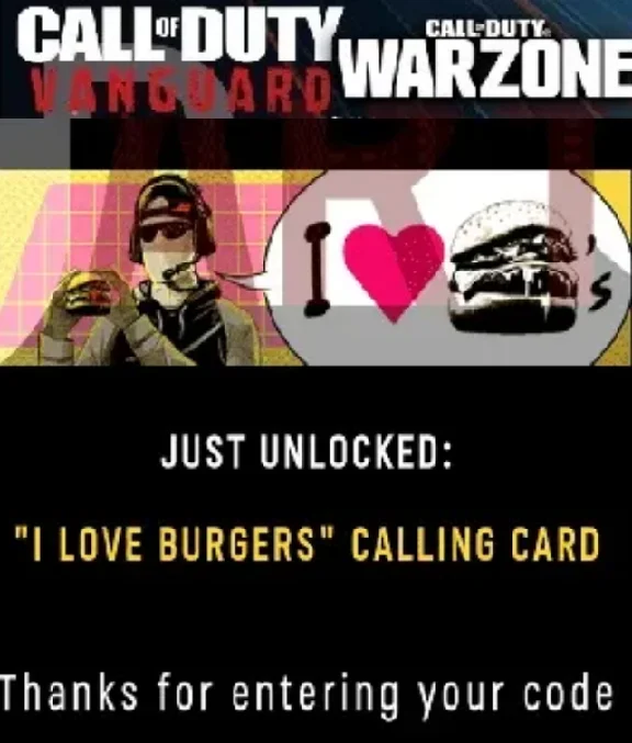 🔑 Call of Duty I LOVE BURGERS Calling Card KEY IN-GAME