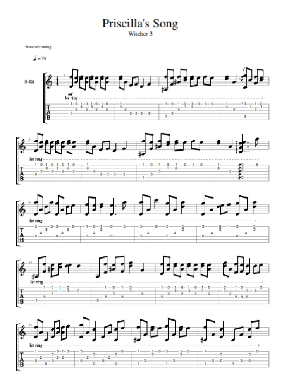 Tabs Song of Priscilla from The Witcher 3 fingerstyle