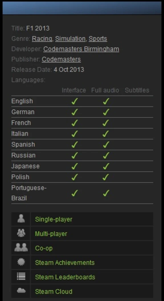 F1 2013 (Steam Gift Region Free) (ROW)