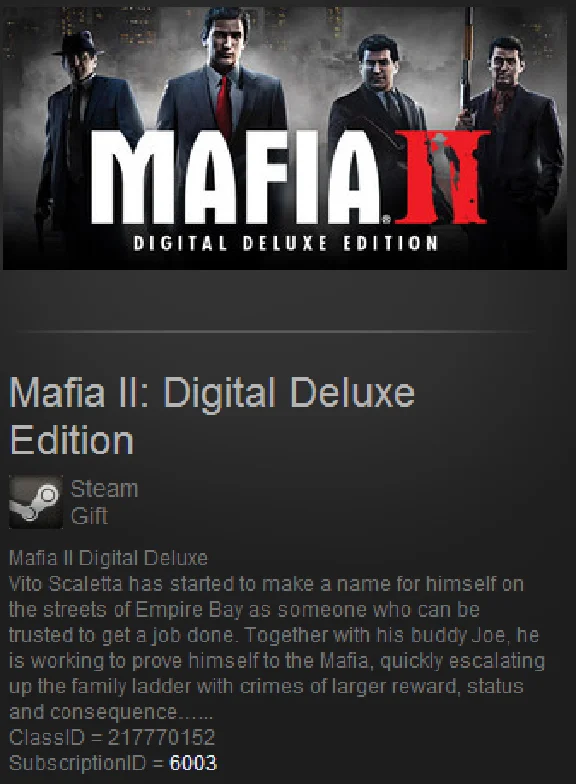 Mafia II: Digital Deluxe Edition Steam Gift (ROW) + Bon