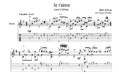 Je t´aime (Lara Fabian) for guitar