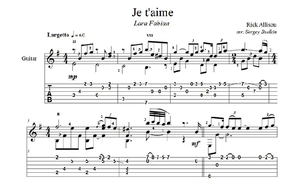 Je t´aime (Lara Fabian) for guitar