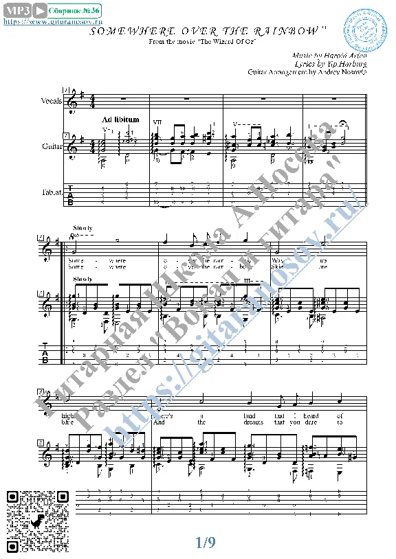 Somewhere over the Rainbow (Vocals Guitar Notes Tabs)