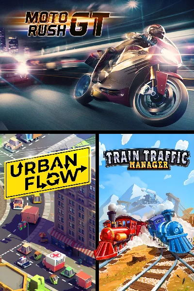 🎮Moto Rush GT + Urban Flow + Train Traffic Manager 💚X