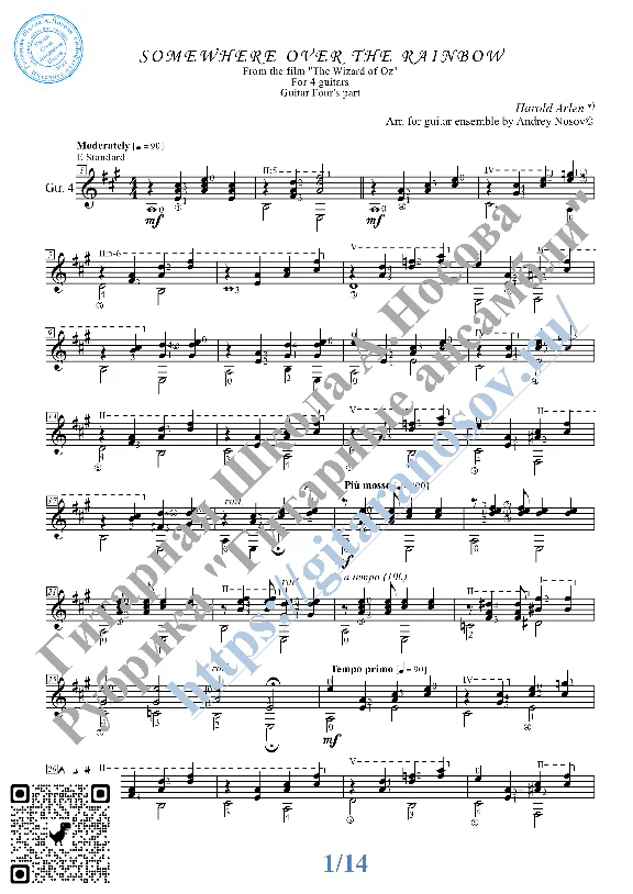 Somewhere over the Rainbow (Sheet Music for 4 guitars)