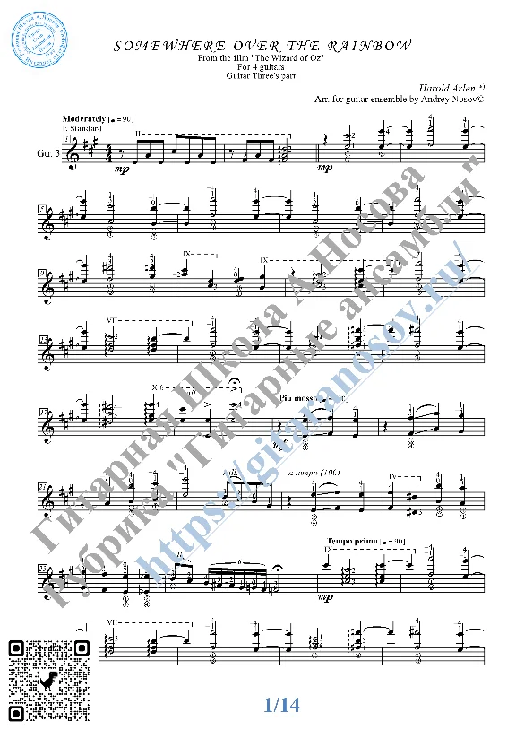 Somewhere over the Rainbow (Sheet Music for 4 guitars)