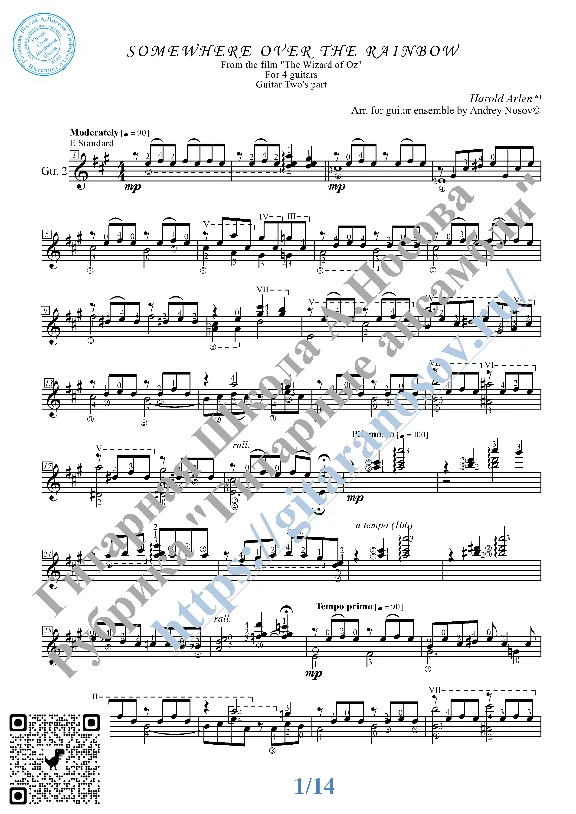 Somewhere over the Rainbow (Sheet Music for 4 guitars)