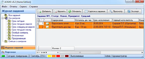Control of execution of tasks - Askiz (Business Edition