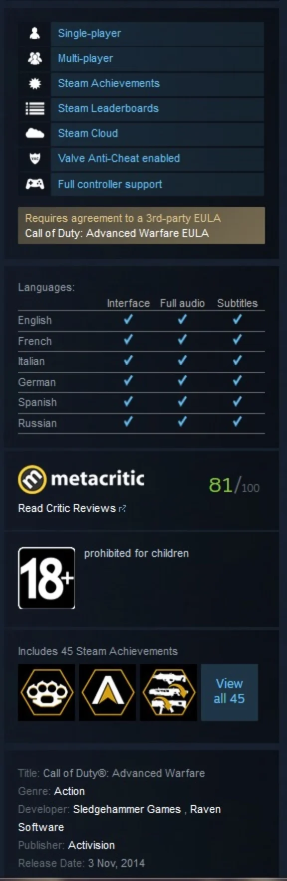 Call of Duty: Advanced Warfare ROW (Steam Gift RegFree)