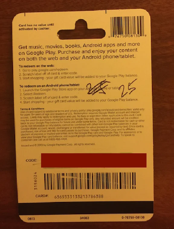 Google Play Gift Card $25 (real photo) + DISCOUNT
