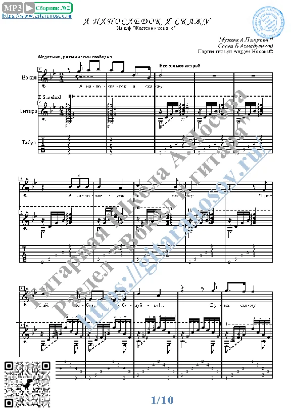 A naposledok ya skazhu (Vocals Guitar Sheet Music Tabs)