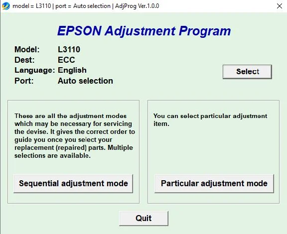 Сброс Epson L3100 Adjustment Program